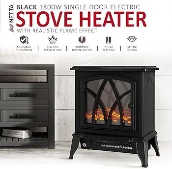Electric Fireplace Stove Heater 1600-1800W with Fire Flame Effect, 2 Heat Settings, Adjustable Thermostat, Freestanding Portable Electric Log Wood Burner Effect - Black