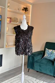 Ladies Black Sleeveless Top by Gallery, Embellished with Cascading Sequin-and-Bead Fringe