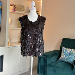 Ladies Black Sleeveless Top by Gallery, Embellished with Cascading Sequin-and-Bead Fringe