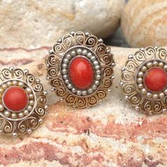 Antique 18 ct Gold Coral and Pearl Ring and Earrings