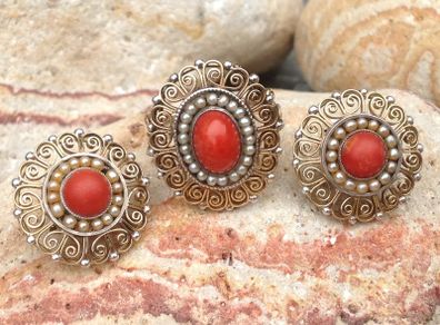 Antique 18 ct Gold Coral and Pearl Ring and Earrings