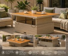 Adjustable Table Top, Coffee / Dining table  Coffee Table with Steel Frame, Dining Table Garden Furniture, Black Poly Rattan Acacia Wood