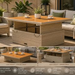Adjustable Table Top, Coffee / Dining table  Coffee Table with Steel Frame, Dining Table Garden Furniture, Black Poly Rattan Acacia Wood