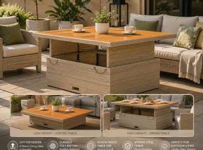 Adjustable Table Top, Coffee / Dining table  Coffee Table with Steel Frame, Dining Table Garden Furniture, Black Poly Rattan Acacia Wood