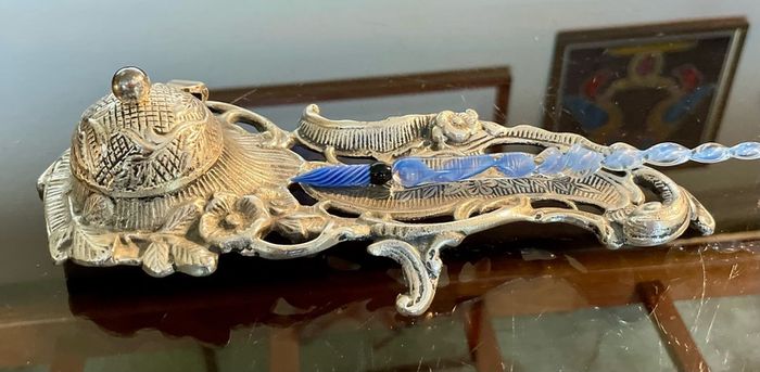 Vintage Art Nouveau Style Inkwell with Pen Tray Ink Pot Insert and Glass Dip Pen