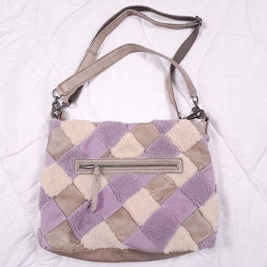 FredsBruder Lilac Purple Taupe Woven Patchwork Shearling Grain Leather Crossbody Bag