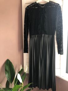Zara Black Lace & Pleated Midi Dress - Size 8