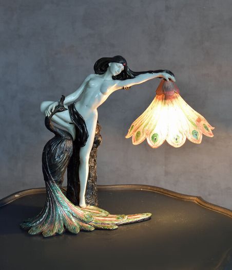 Art Nouveau Pure Extravagant Table Lamp  Lady with Peacock
