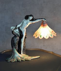 Art Nouveau Pure Extravagant Table Lamp  Lady with Peacock
