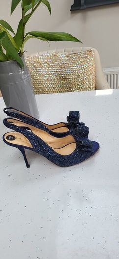 Kate Spade navy glitter bow peep toe sling back heels Sz 42 (Fit 8-8.5UK) - Bnwt - Rrp 360