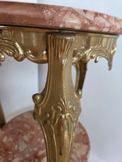 Vintage French Brass & Pink Marble 2-Tier Side Table Plant Stand