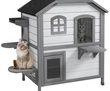 2-Story Indoor or Outdoor Cat House W/ Escape Door, Cat Shelter, White