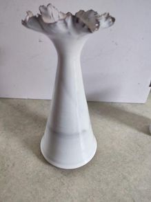 Fenton light  gray glazed pottery  Vase with Ruffled silver Crest signed and in very good condition.