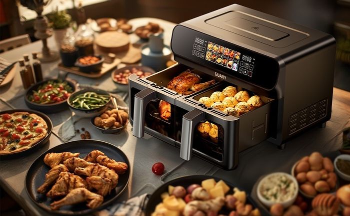 EUARY dual basket  Air Fryer 9L Oil Free 2 Compartments XXL 2800 W Large Capacity, 2 Air Fryer Bins, 12 Cooking Programs, Touch Screen, Appointment Function