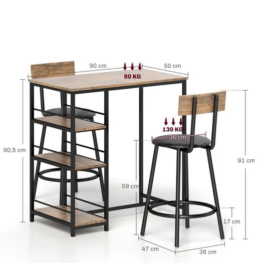 3-piece dining set with bar table and 2 chairs, small kitchen set with side shelves, MDF, metal, black