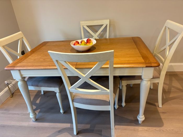 Extendible Wooden dining table & 4 fabric cushioned chairs
