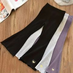 Girls' Casual, Thickened and Comfortable Ribbed Leggings with Embroidered Hearts and Salad Trim, 3 Pieces/Set, for Spring, Autumn and Winter