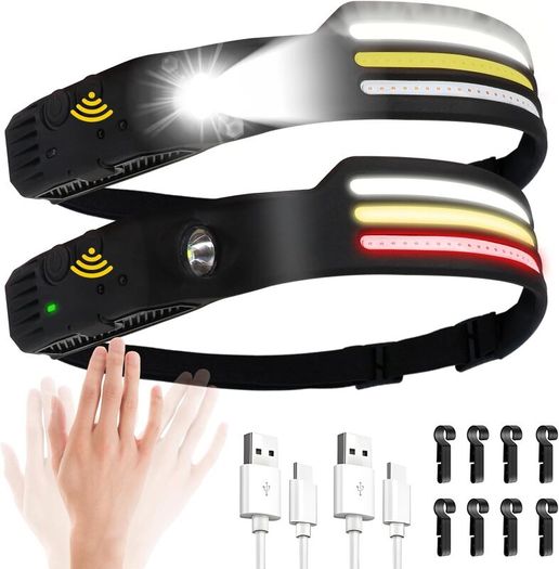 2 Packs Head Torch Rechargeable, Super Bright COB LED Head Torch 8 Lighting Modes Headlamp with Motion Sensor IPX4 Waterproof Lightweight Running Head Torch for Running Cycling Camping Fishing