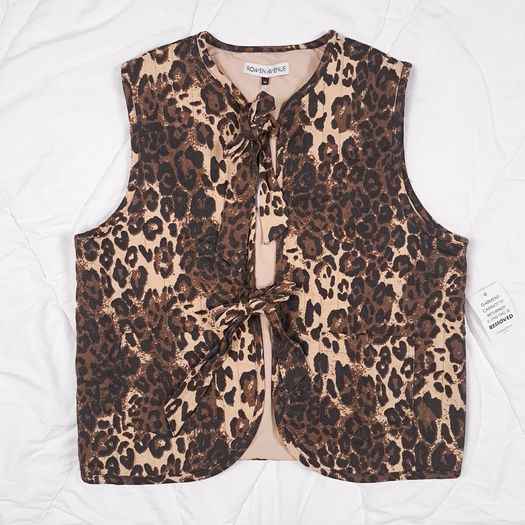 Rowen Avenue Brown Tan Leopard Print Tie-Front Cotton Waistcoat Gilet 12-14UK/40-42EU