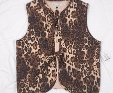 Rowen Avenue Brown Tan Leopard Print Tie-Front Cotton Waistcoat Gilet 12-14UK/40-42EU