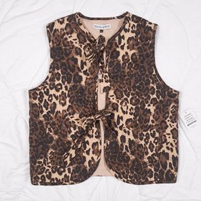 Rowen Avenue Brown Tan Leopard Print Tie-Front Cotton Waistcoat Gilet 12-14UK/40-42EU