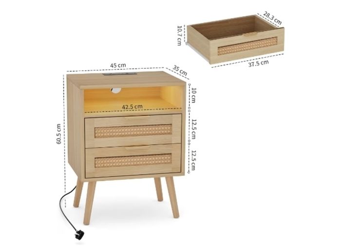 Set of 2 Bedside Table,Nightstand with Charging Station and LED Lights, Bedside Cabinets with 2 Rattan Drawers and Open Shelf,2pcs Side Tables for Modern Home,Natural Wood