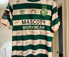 Match worn jersey of Richy Towel , in his final season with shamrock Rovers, Four in a row league champions league