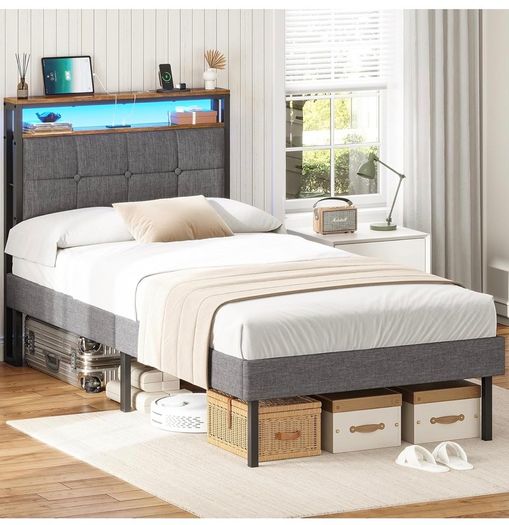 3ft Single Bed Frame 90x190 Upholstered Bed Frame With LED Lights & Charging Station Metal Bed Frame with Upholstered Storage Headboard/Under Bed Storage/Noise Free (Single-90x190cm)