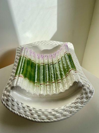 Vintage French Majolica Asparagus Dish Barbotine Serving Platter Green White