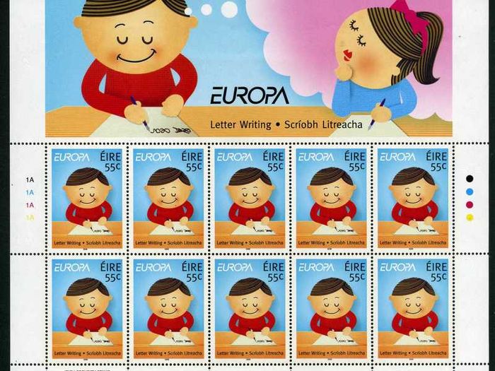 2008 Ireland 55c & 82c Europa (Letter Writing) Commemorative Stamps Sheetlet Plate 1A1A1A1A Mint Never Hinged (MNH)