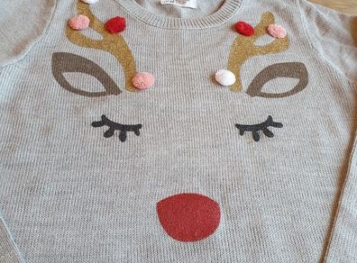 Fantastic H&M Christmas Jumper Reindeer Gold Pom Pom Age 14 Yrs
