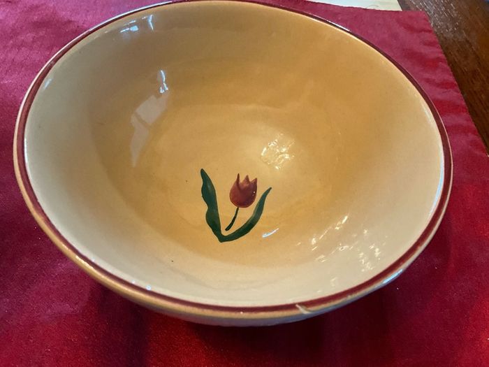 Nicholas Mosse Red lawn set of two , 4 inch jug and a 6 inch diameter bowl . Both have blemishes but perfect for  display