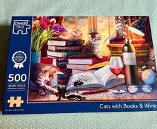 Corner Piece Cats with Books & Wine 500 Piece Jigsaw Puzzle Complete Excellent Condition
