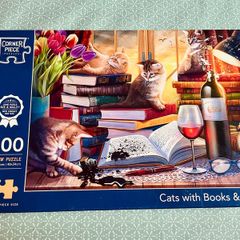 Corner Piece Cats with Books & Wine 500 Piece Jigsaw Puzzle Complete Excellent Condition