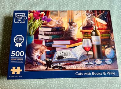 Corner Piece Cats with Books & Wine 500 Piece Jigsaw Puzzle Complete Excellent Condition