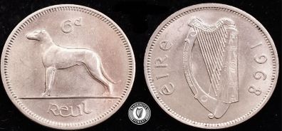 [#172] - Ireland 1968 | 6 Pence | Wolfhound | KM.13a | UNC
