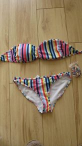 ladies Boo-hoo mix n match striped multi-coloured bikini with bandeau style top 10- 12...read description!