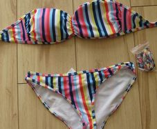 ladies Boo-hoo mix n match striped multi-coloured bikini with bandeau style top 10- 12...read description!