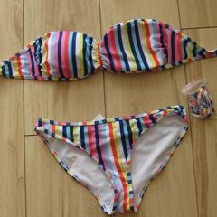 ladies Boo-hoo mix n match striped multi-coloured bikini with bandeau style top 10- 12...read description!