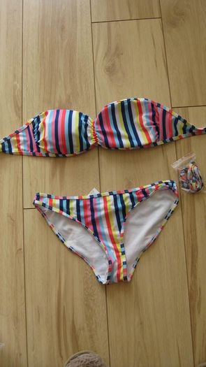 ladies Boo-hoo mix n match striped multi-coloured bikini with bandeau style top 10- 12...read description!