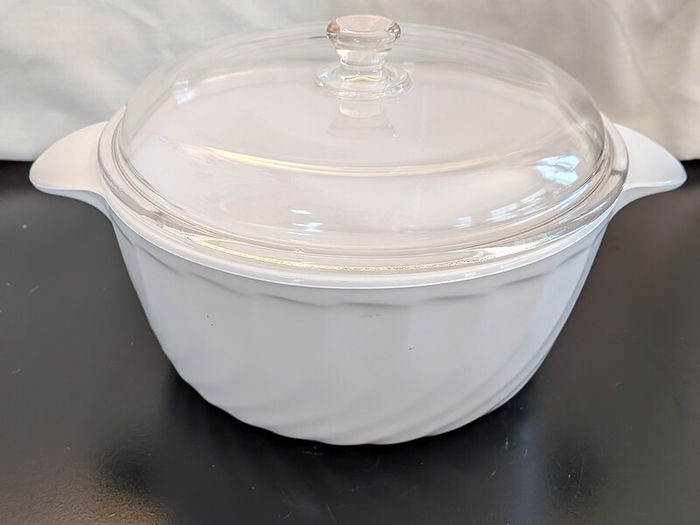 Vintage Arcopal France White Swirl Casserole Dish with Glass Lid