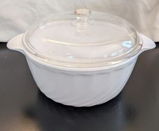 Vintage Arcopal France White Swirl Casserole Dish with Glass Lid