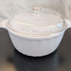 Vintage Arcopal France White Swirl Casserole Dish with Glass Lid