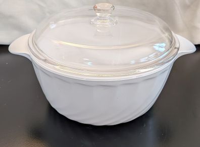 Vintage Arcopal France White Swirl Casserole Dish with Glass Lid