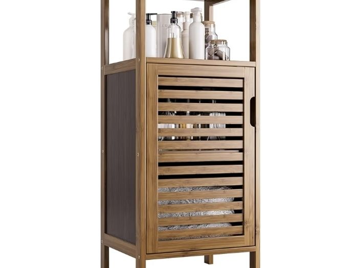 Bathroom Cabinet, Bamboo Floor Cabinet Free Standing, 4 Tier Sofa Side Storage Cupboard for Living Room Kitchen Bedroom, Walnut