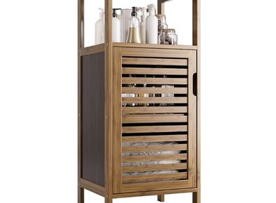 Bathroom Cabinet, Bamboo Floor Cabinet Free Standing, 4 Tier Sofa Side Storage Cupboard for Living Room Kitchen Bedroom, Walnut