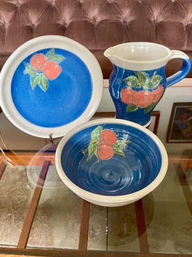 Vintage R and J Forrester Bandon Pottery Ireland Jug Sugar Bowl Plate Cobalt Blue Fruits Design