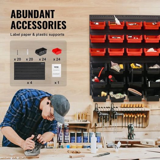 Wall-Mounted Storage Bins Organiser, 48-Bin Parts Rack for Screws, Nuts, Bolts, Nails & Small Tools, Black and Red