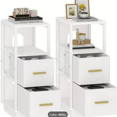 Set of 2 White Bedside Tables with 2 fabric drawers