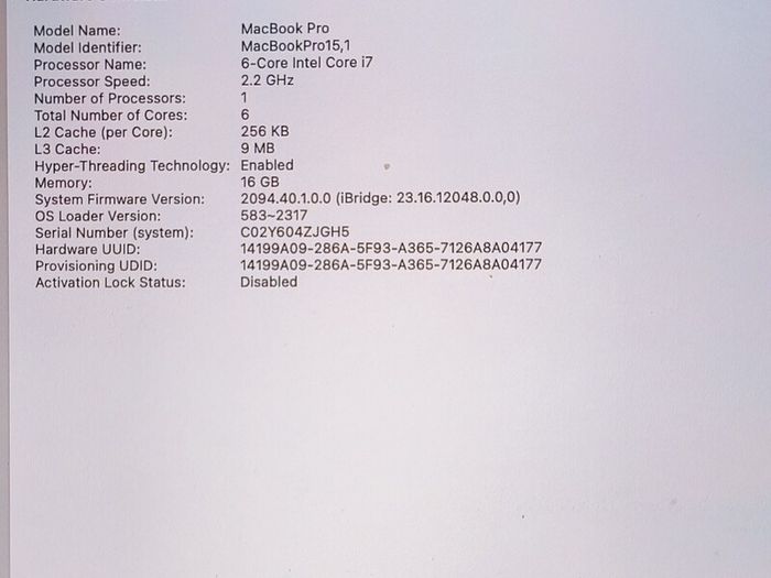 MacBook Pro "Core i7" 2.2 15-Inch (Mid-2018 True Tone Display, Touch Bar, Four Thunderbolt 3 Ports 16 GB RAM  500GB SSD BATTERY CYCLE  : 1